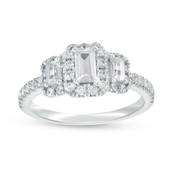 Previously Owned - 1 CT. T.w. Emerald-Cut Diamond Frame Past Present Future® Engagement Ring in 14K White Gold