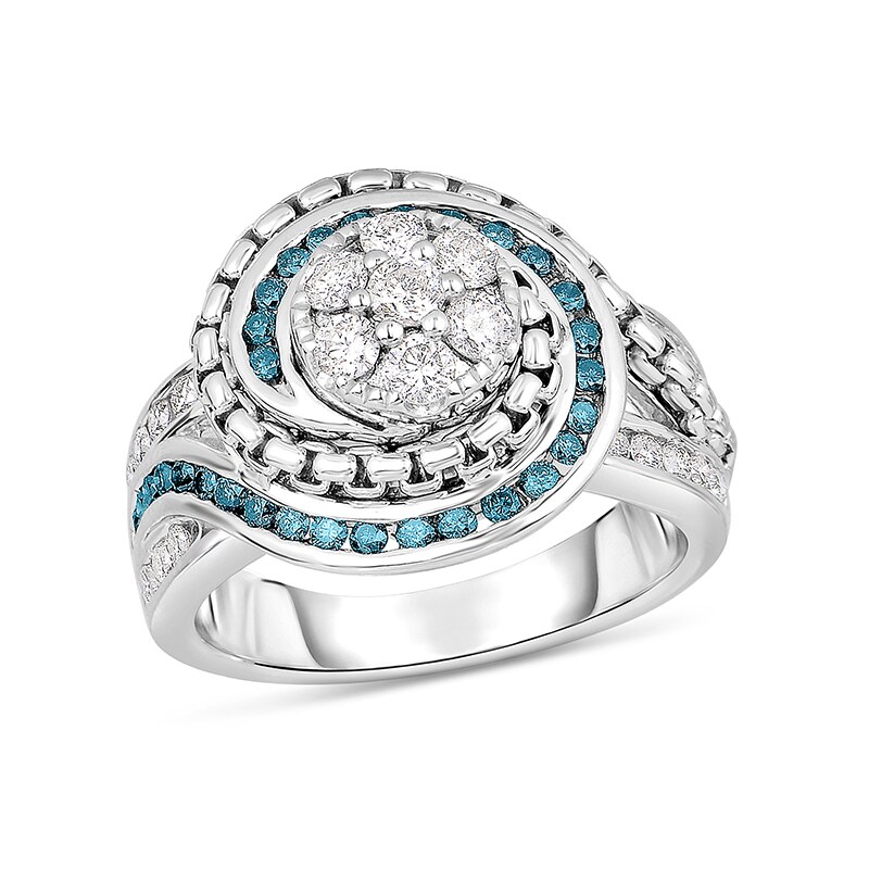 Main Image 1 of Previously Owned - 5/8 CT. T.W. Multi-Diamond and Lab-Created Blue Sapphire Chain Link Frame Ring in Sterling Silver