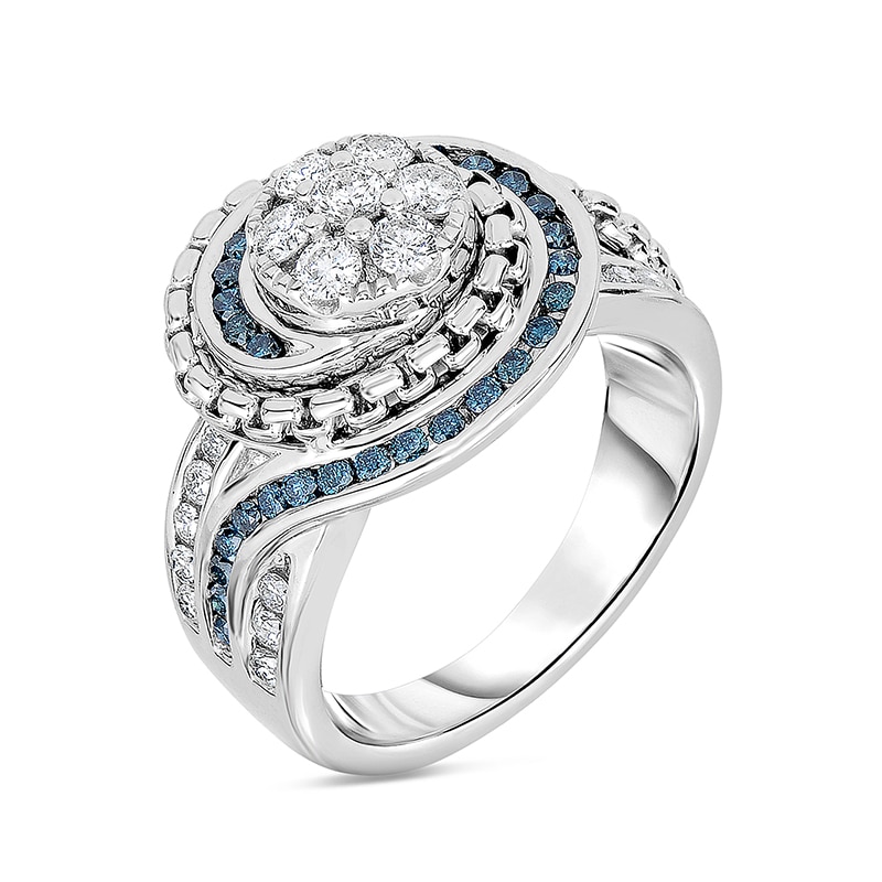 Main Image 2 of Previously Owned - 5/8 CT. T.W. Multi-Diamond and Lab-Created Blue Sapphire Chain Link Frame Ring in Sterling Silver