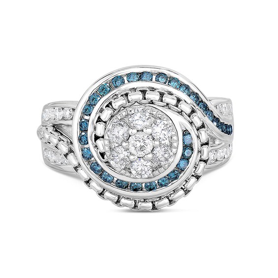 Previously Owned - 5/8 CT. T.w. Multi-Diamond and Lab-Created Blue Sapphire Chain Link Frame Ring in Sterling Silver