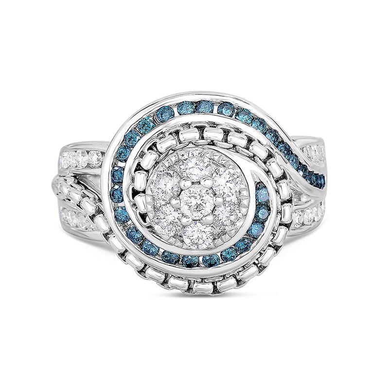Main Image 3 of Previously Owned - 5/8 CT. T.W. Multi-Diamond and Lab-Created Blue Sapphire Chain Link Frame Ring in Sterling Silver