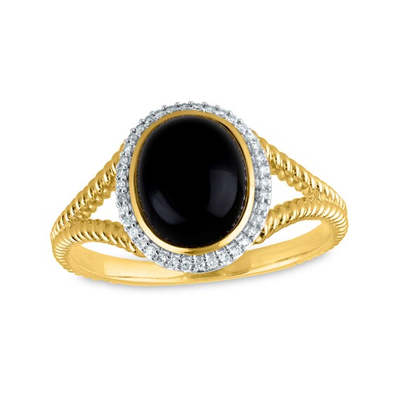 Previously Owned - Oval Onyx And 1/10 CT. T.w. Diamond Frame Rope-Textured Split Shank Ring In 14K Gold