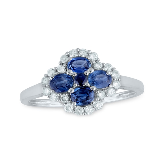 Previously Owned - Sideways Oval Blue Sapphire and 1/4 CT. T.w. Diamond Frame Clover Ring in 18K White Gold