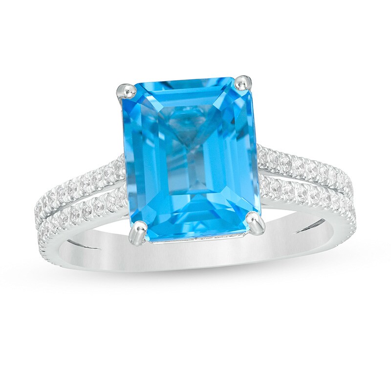 Main Image 1 of Previously Owned - Emerald-Cut Swiss Blue Topaz and 1/3 CT. T.W. Diamond Double Row Engagement Ring in 14K White Gold