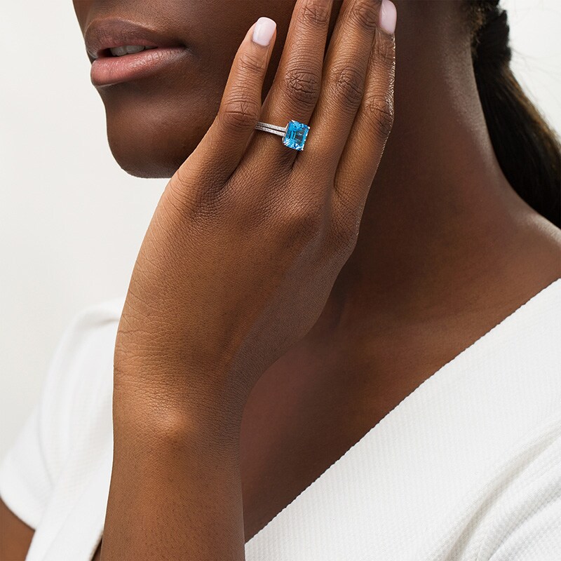 Main Image 2 of Previously Owned - Emerald-Cut Swiss Blue Topaz and 1/3 CT. T.W. Diamond Double Row Engagement Ring in 14K White Gold
