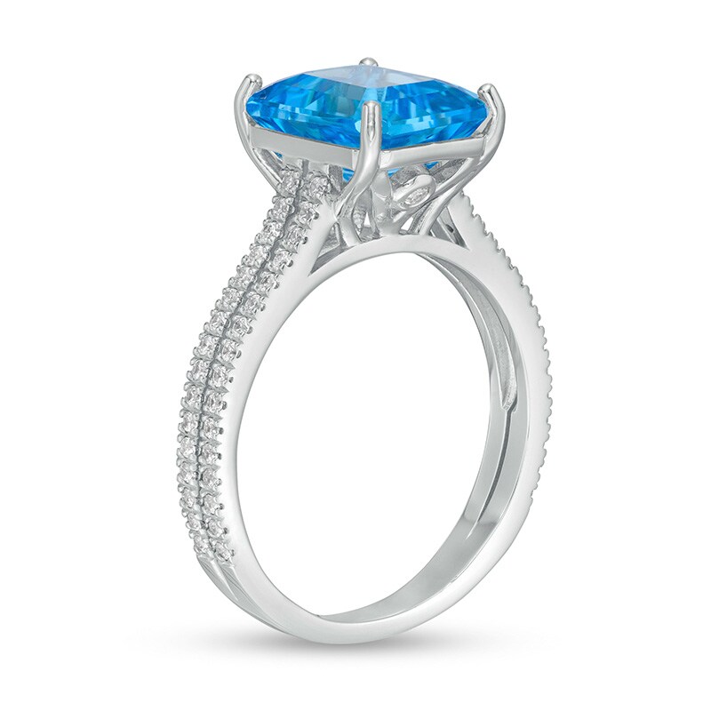 Main Image 3 of Previously Owned - Emerald-Cut Swiss Blue Topaz and 1/3 CT. T.W. Diamond Double Row Engagement Ring in 14K White Gold