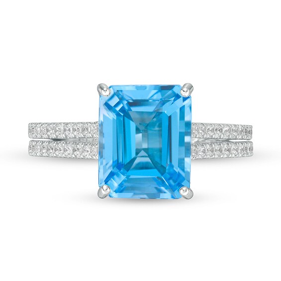Previously Owned - Emerald-Cut Swiss Blue Topaz and 1/3 CT. T.w. Diamond Double Row Engagement Ring in 14K White Gold
