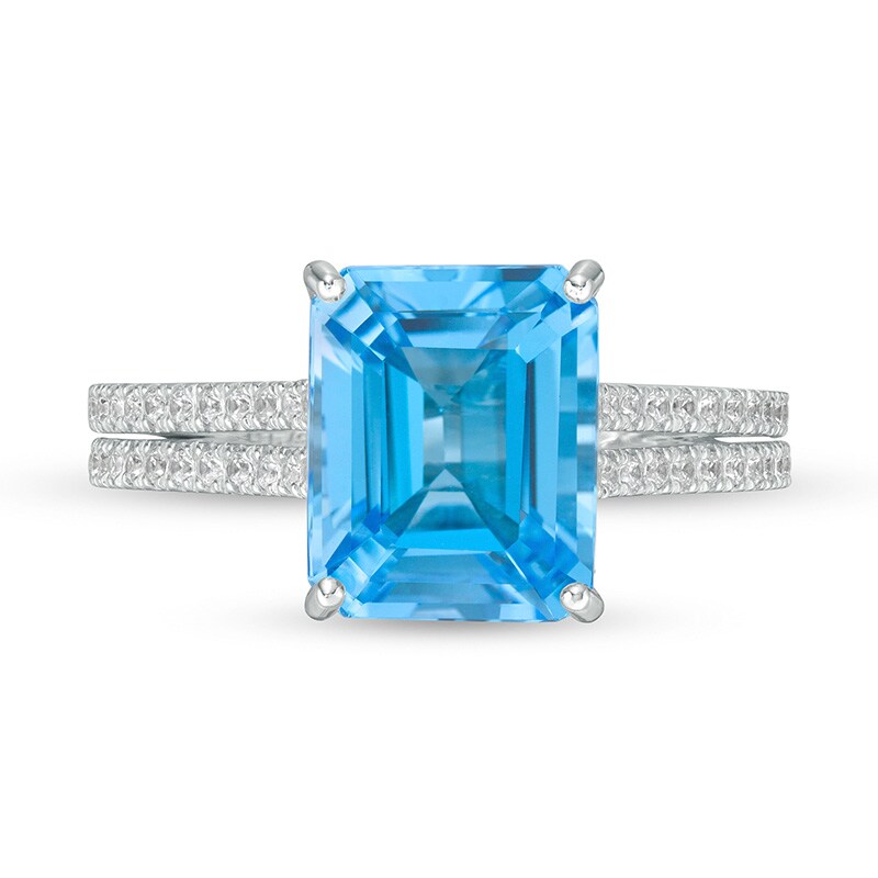 Main Image 4 of Previously Owned - Emerald-Cut Swiss Blue Topaz and 1/3 CT. T.W. Diamond Double Row Engagement Ring in 14K White Gold