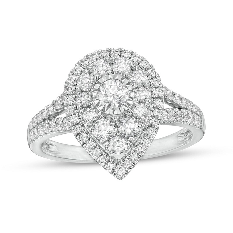 Main Image 1 of Previously Owned - 1 CT. T.W. Diamond Double Teardrop-Shaped Frame Vintage-Style Engagement Ring in 10K White Gold