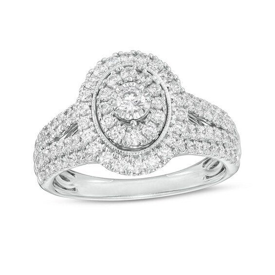 Previously Owned - 1 CT. T.w. Diamond Double Oval Frame Vintage-Style Split Shank Engagement Ring in 10K White Gold