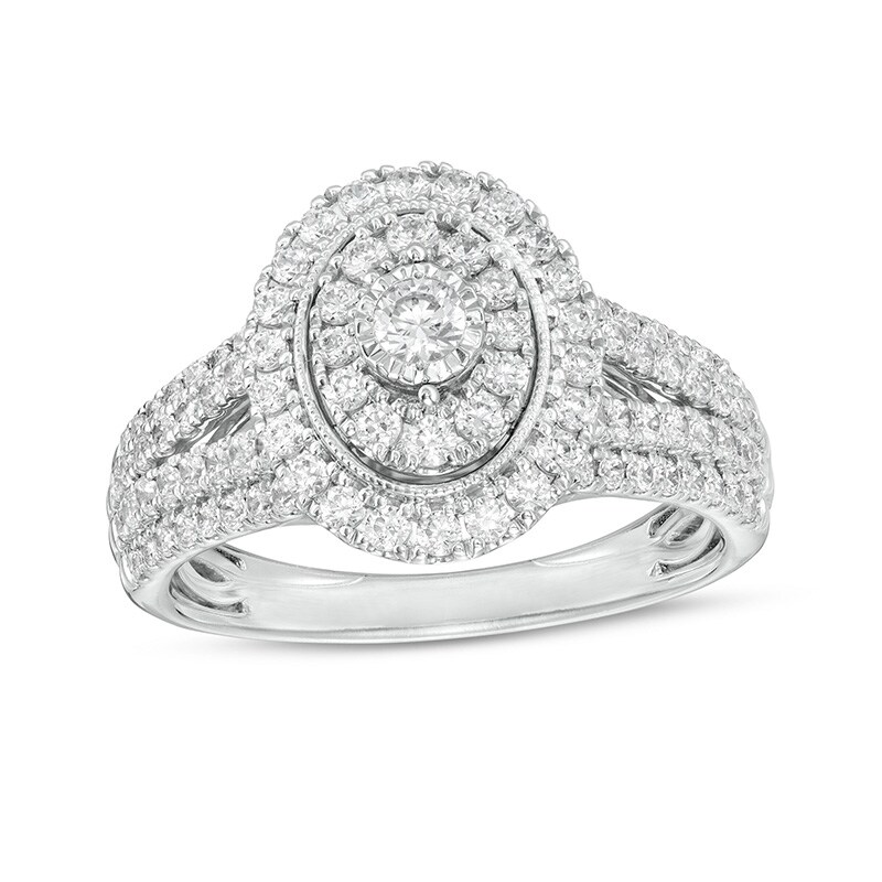 Previously Owned - 1 CT. T.W. Diamond Double Oval Frame Vintage-Style Split Shank Engagement Ring in 10K White Gold