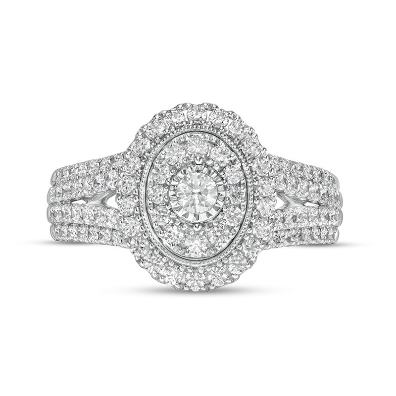 Previously Owned - 1 CT. T.W. Diamond Double Oval Frame Vintage-Style Split Shank Engagement Ring in 10K White Gold