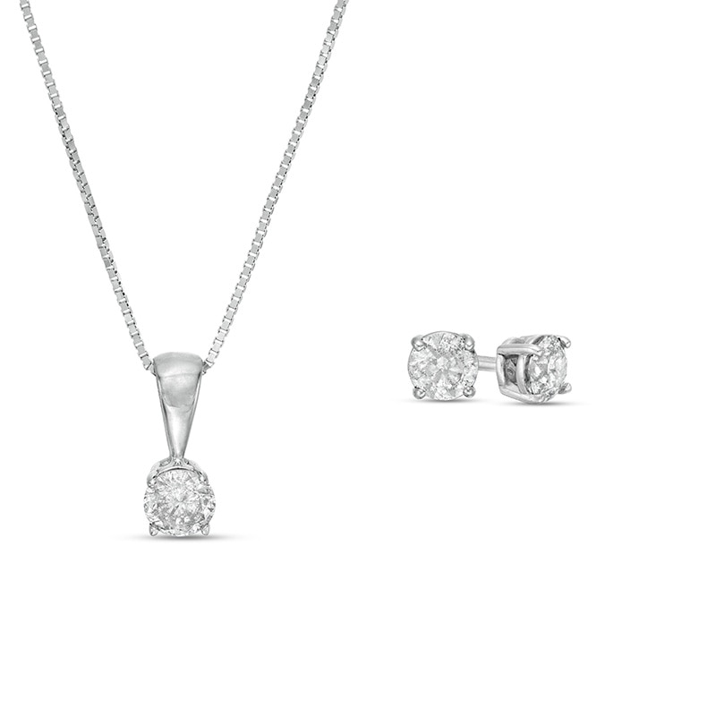 Main Image 1 of Previously Owned - 1/2 CT. T.W. Diamond Solitaire Pendant and Stud Earrings Set in 10K White Gold (I/I3)