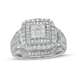 Previously Owned - 1 CT. T.W. Princess Multi-Diamond Double Frame Vintage-Style Engagement Ring in 10K White Gold