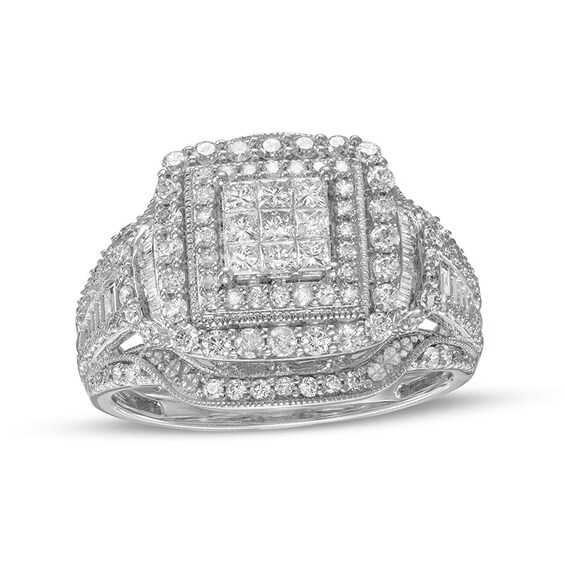 Previously Owned - 1 CT. T.w. Princess Multi-Diamond Double Frame Vintage-Style Engagement Ring in 10K White Gold