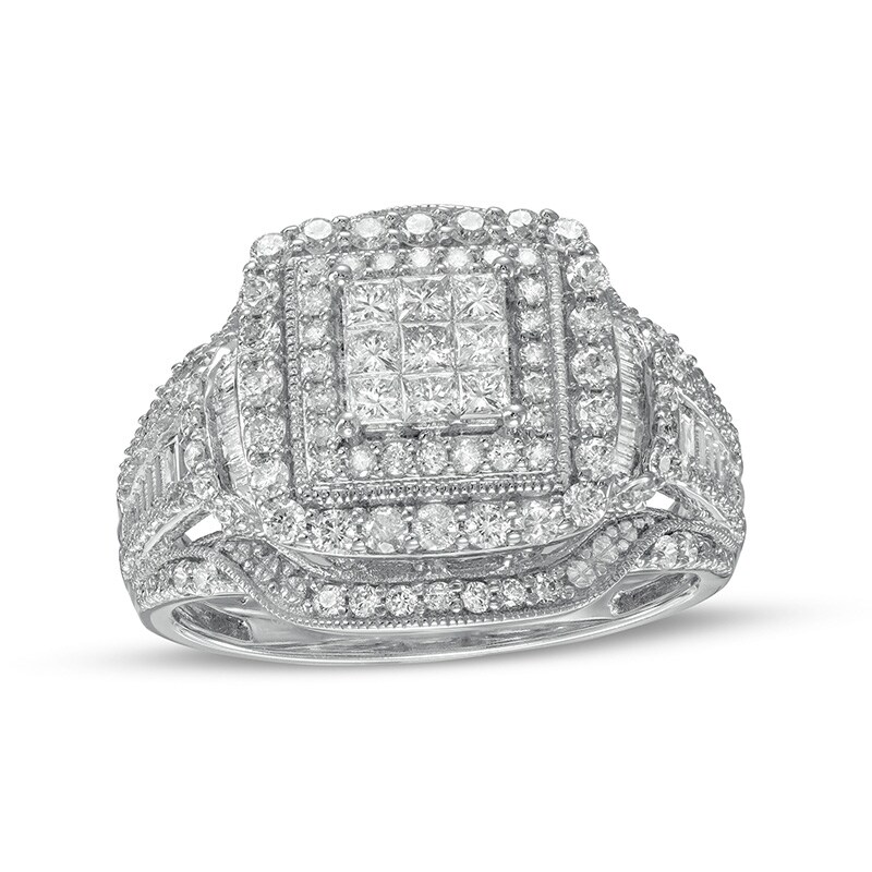 Main Image 1 of Previously Owned - 1 CT. T.W. Princess Multi-Diamond Double Frame Vintage-Style Engagement Ring in 10K White Gold