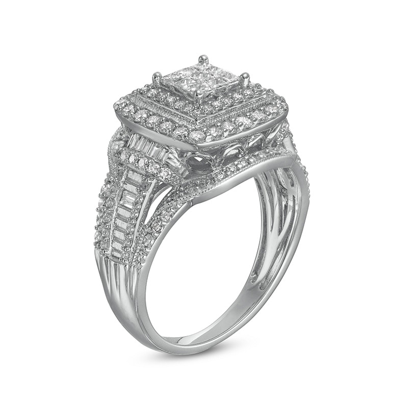 Main Image 3 of Previously Owned - 1 CT. T.W. Princess Multi-Diamond Double Frame Vintage-Style Engagement Ring in 10K White Gold