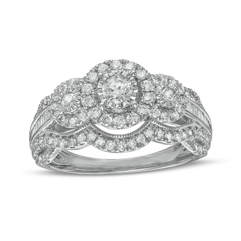 Main Image 1 of Previously Owned - 1 CT. T.W. Diamond Past Present Future® Scallop Vintage-Style Engagement Ring in 10K White Gold