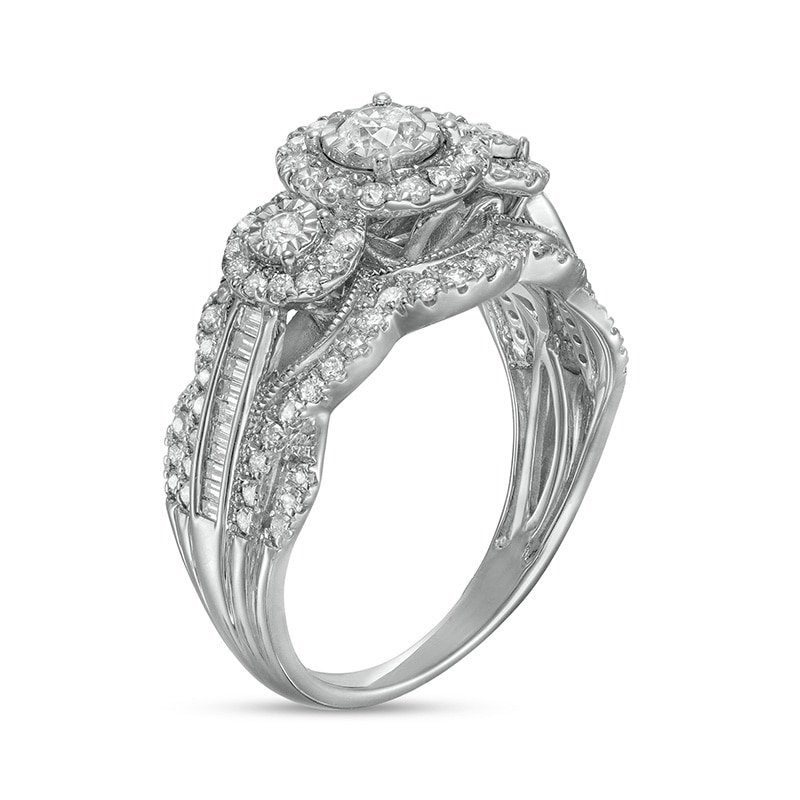 Main Image 3 of Previously Owned - 1 CT. T.W. Diamond Past Present Future® Scallop Vintage-Style Engagement Ring in 10K White Gold