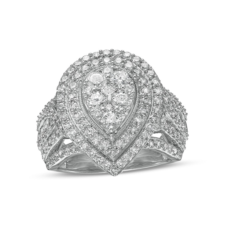 Main Image 1 of Previously Owned - 2 CT. T.W. Pear Multi-Diamond Double Frame Vintage-Style Engagement Ring in 10K white Gold