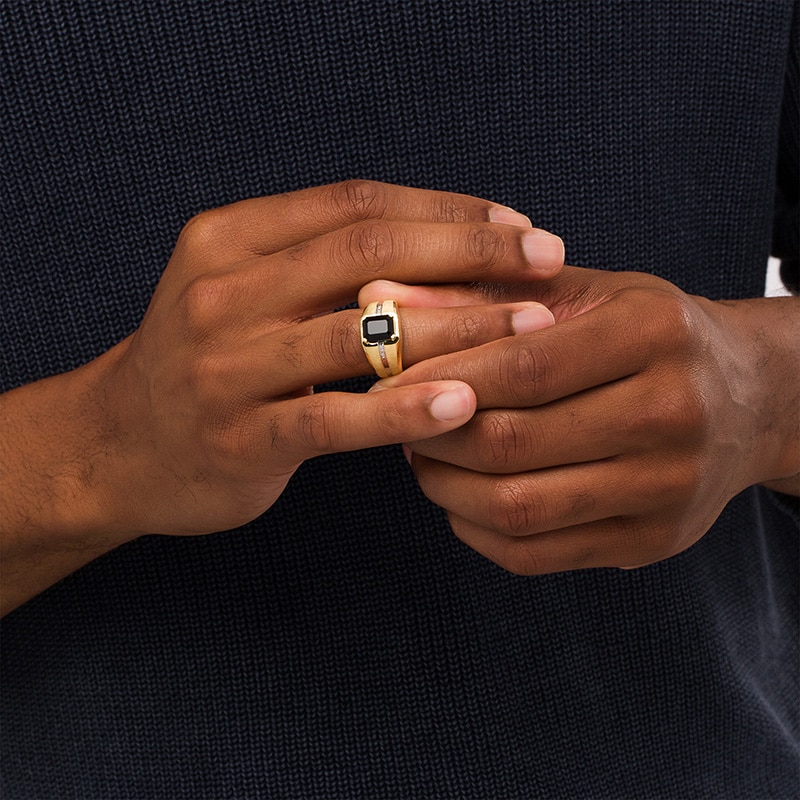Main Image 2 of Previously Owned - Cushion-Cut Onyx and Diamond Accent Inlay Ring in 10K Two-Tone Gold