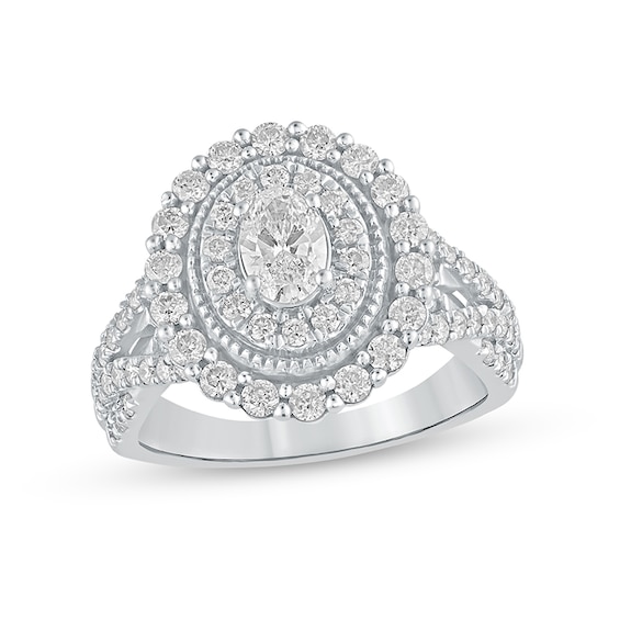 Previously Owned - 1-1/2 CT. T.w. Oval Diamond Frame Vintage-Style Multi-Row Engagement Ring in 14K White Gold