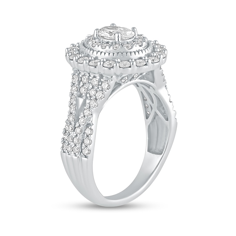 Main Image 2 of Previously Owned - 1-1/2 CT. T.W. Oval Diamond Frame Vintage-Style Multi-Row Engagement Ring in 14K White Gold