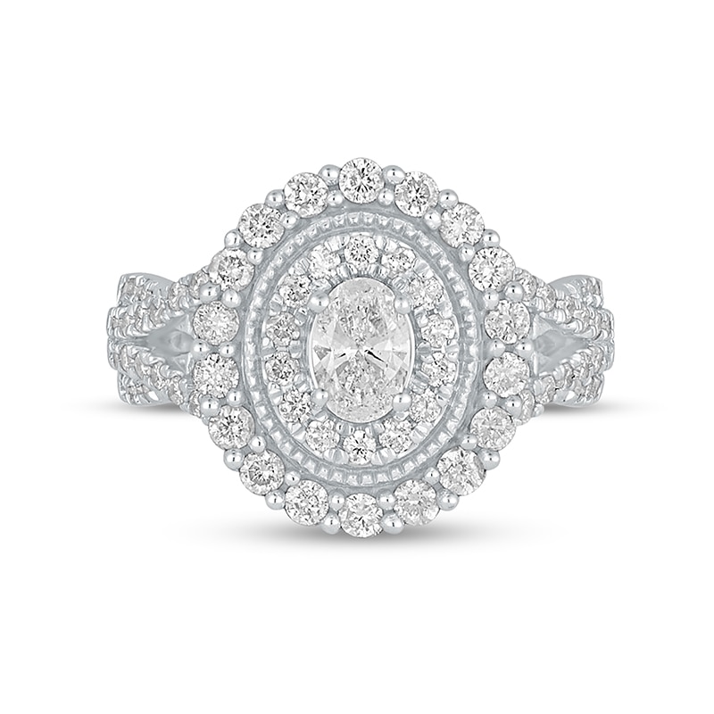 Main Image 4 of Previously Owned - 1-1/2 CT. T.W. Oval Diamond Frame Vintage-Style Multi-Row Engagement Ring in 14K White Gold