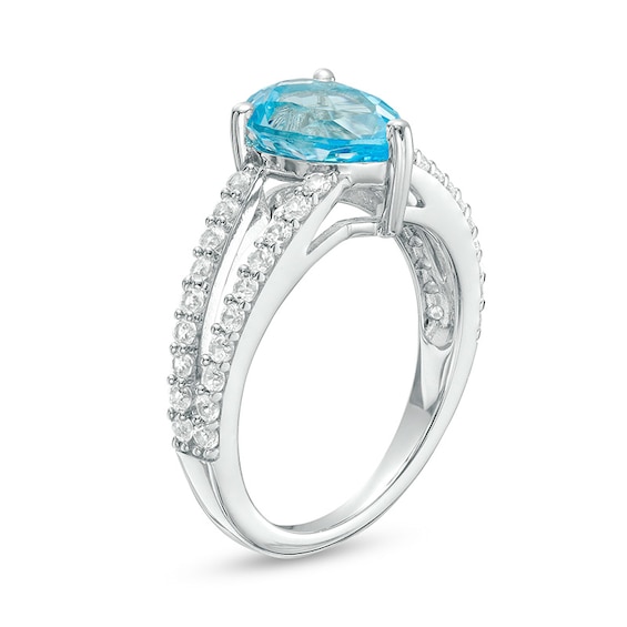 Previously Owned - Pear-Shaped Swiss Blue Topaz and White Lab-Created Sapphire Split Shank Ring in Sterling Silver