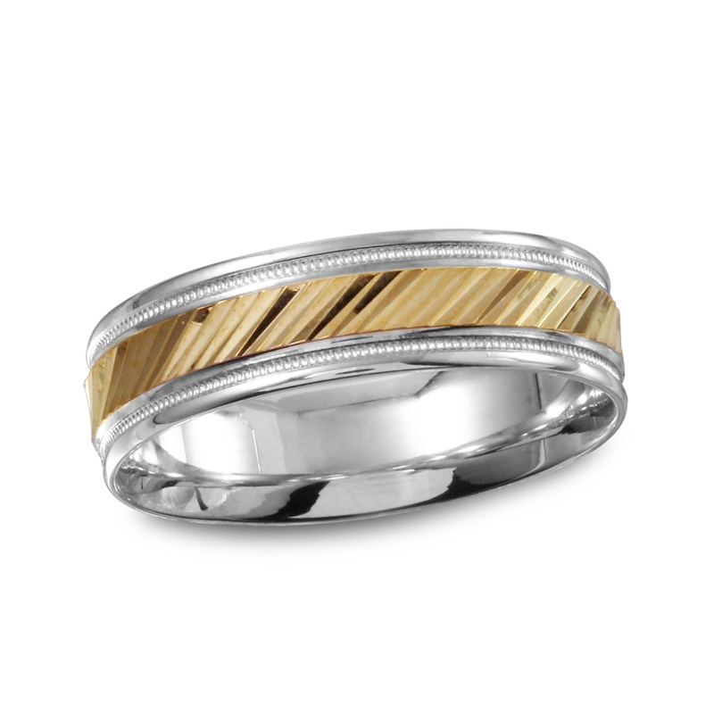 Main Image 1 of Previously Owned - 6.0mm Diagonal Etched Wedding Band in 10K Two-Tone Gold