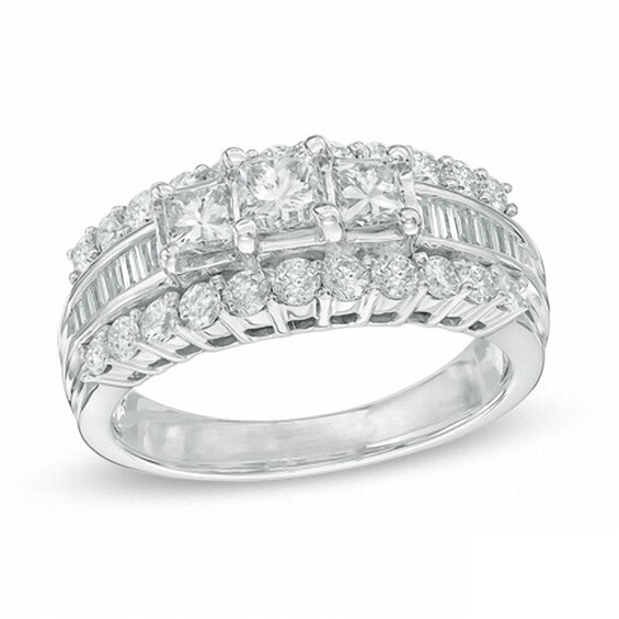Previously Owned - 1-1/2 CT. T.w. Princess-Cut Diamond Three Stone Engagement Ring in 14K White Gold