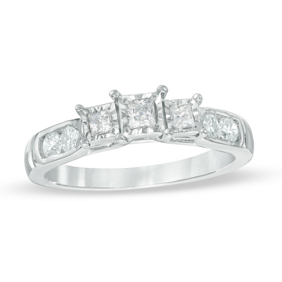 Previously Owned - 1/2 CT. T.w. Princess-Cut Diamond Past Present Future® Engagement Ring in 10K White Gold