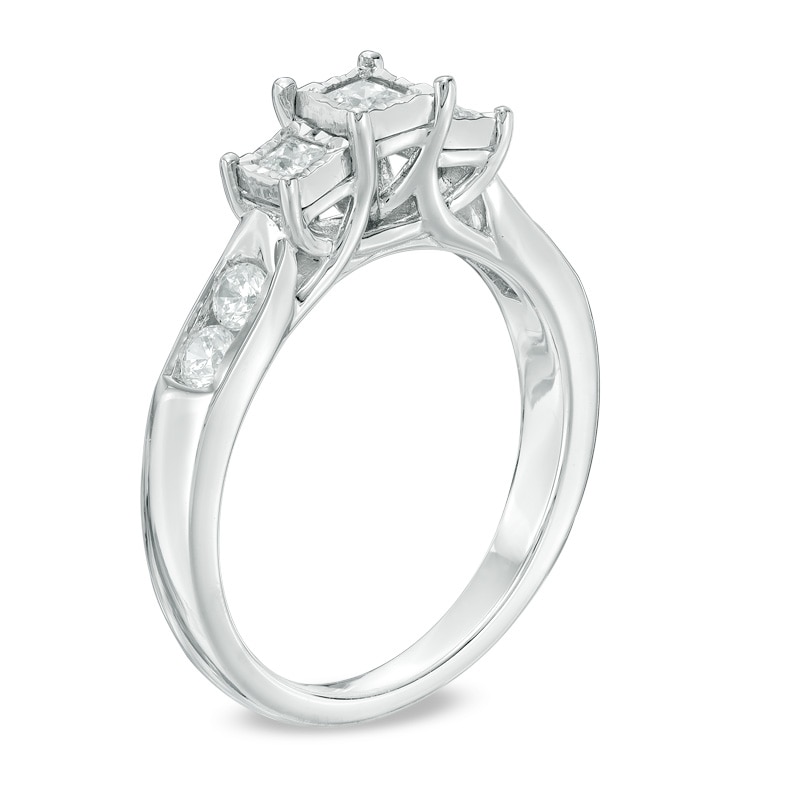 Main Image 2 of Previously Owned - 1/2 CT. T.W. Princess-Cut Diamond Past Present Future® Engagement Ring in 10K White Gold