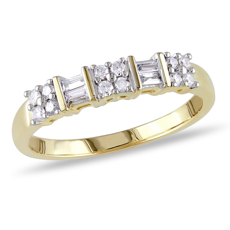 Main Image 1 of Previously Owned - 1/4 CT. T.W. Baguette and Round Diamond Alternating Two Row Anniversary Band in 10K Gold