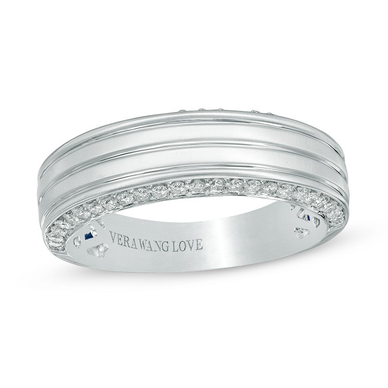 Main Image 1 of Previously Owned - Vera Wang Men's 1/2 CT. T.W. Diamond Edge Grooved Wedding Band in 14K White Gold
