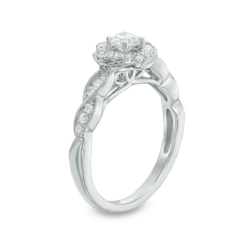 Main Image 2 of Previously Owned - 5/8 CT. T.W. Diamond Orbit Frame Twist Vintage-Style Engagement Ring in 14K White Gold - Size 7