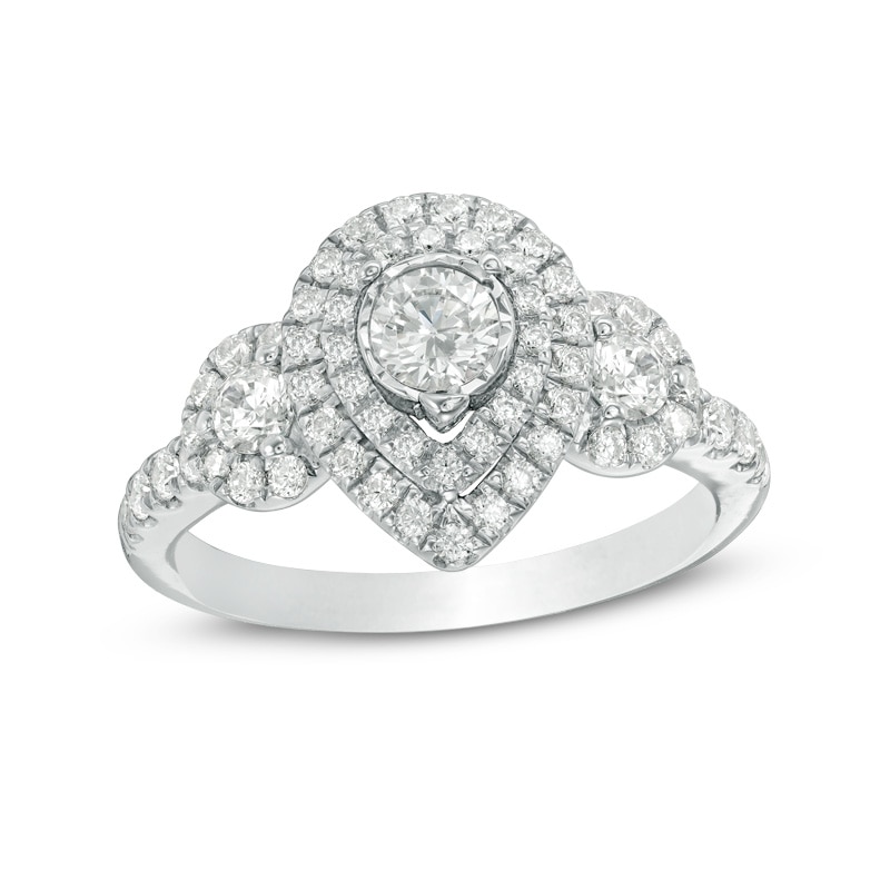 Main Image 1 of Previously Owned - 1 CT. T.W. Diamond Past Present Future® Pear-Shaped Frame Engagement Ring in 14K White Gold