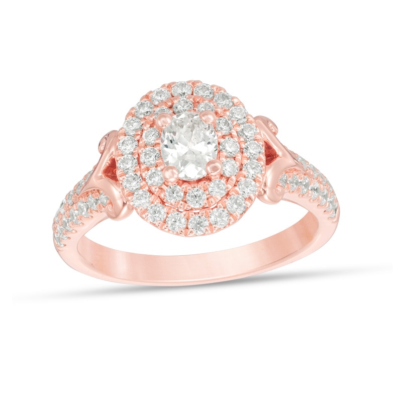 Previously Owned - 1 CT. T.W. Oval Diamond Double Frame V-Sides Engagement Ring in 14K Rose Gold