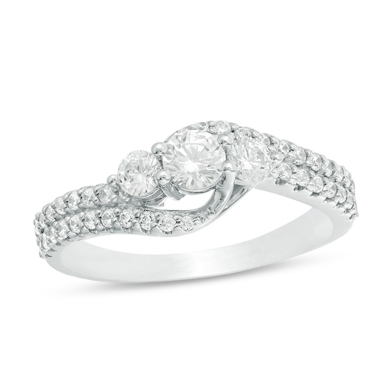 Previously Owned - 3/4 CT. T.w. Diamond Three Stone Double Row Bypass Engagement Ring in 14K White Gold