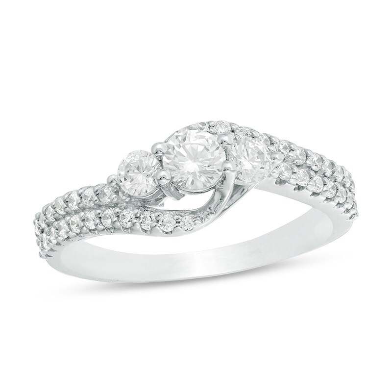 Main Image 1 of Previously Owned - 3/4 CT. T.W. Diamond Three Stone Double Row Bypass Engagement Ring in 14K White Gold