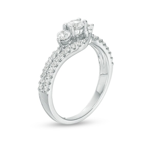 Previously Owned - 3/4 CT. T.w. Diamond Three Stone Double Row Bypass Engagement Ring in 14K White Gold
