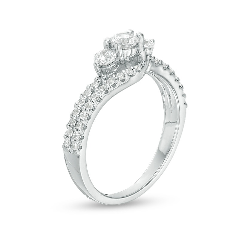 Main Image 3 of Previously Owned - 3/4 CT. T.W. Diamond Three Stone Double Row Bypass Engagement Ring in 14K White Gold
