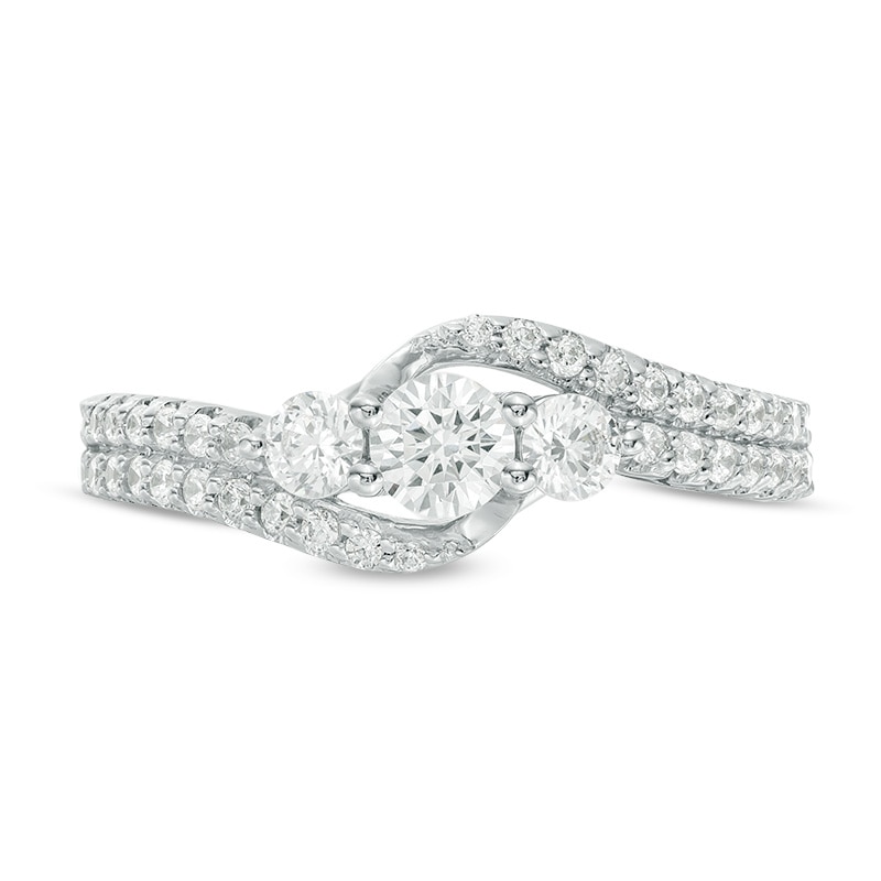 Main Image 4 of Previously Owned - 3/4 CT. T.W. Diamond Three Stone Double Row Bypass Engagement Ring in 14K White Gold