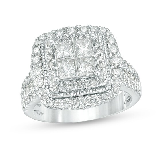 Previously Owned - 2 CT. T.w. Quad Princess-Cut Diamond Vintage-Style Multi-Row Engagement Ring in 14K White Gold