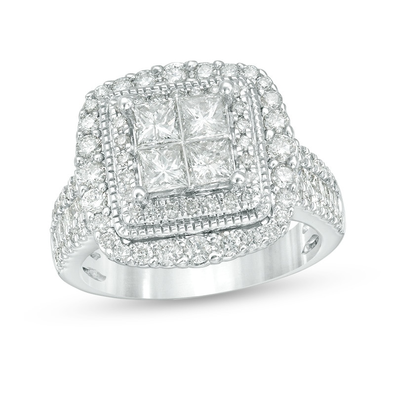 Main Image 1 of Previously Owned - 2 CT. T.W. Quad Princess-Cut Diamond Vintage-Style Multi-Row Engagement Ring in 14K White Gold