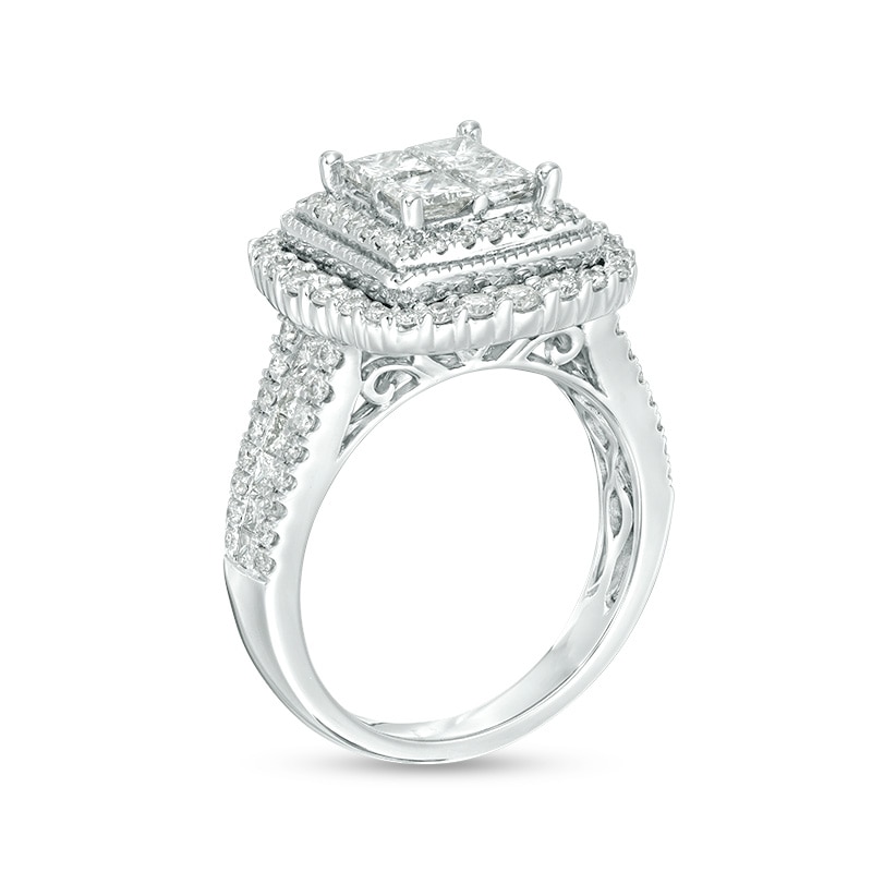 Main Image 3 of Previously Owned - 2 CT. T.W. Quad Princess-Cut Diamond Vintage-Style Multi-Row Engagement Ring in 14K White Gold