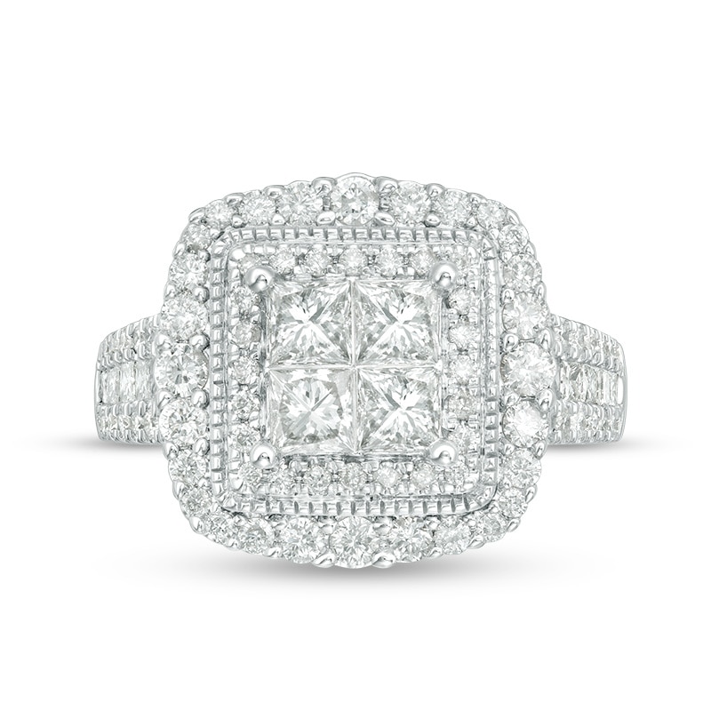 Main Image 4 of Previously Owned - 2 CT. T.W. Quad Princess-Cut Diamond Vintage-Style Multi-Row Engagement Ring in 14K White Gold
