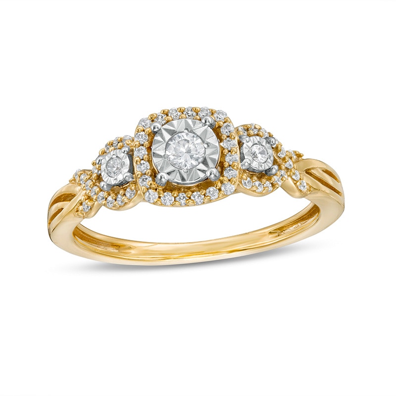Main Image 1 of Previously Owned - 1/4 CT. T.W. Diamond Past Present Future® Cushion Frame Twist Shank Engagement Ring in 10K Gold
