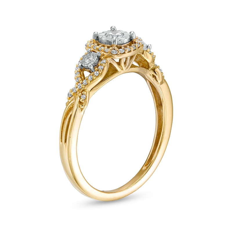 Main Image 3 of Previously Owned - 1/4 CT. T.W. Diamond Past Present Future® Cushion Frame Twist Shank Engagement Ring in 10K Gold