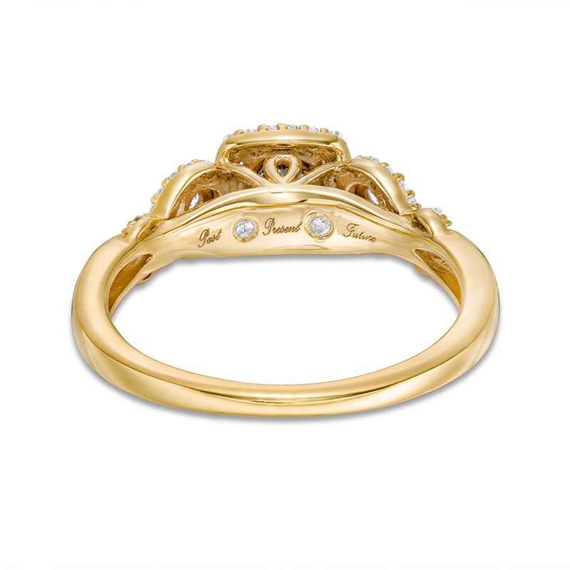 Main Image 4 of Previously Owned - 1/4 CT. T.W. Diamond Past Present Future® Cushion Frame Twist Shank Engagement Ring in 10K Gold